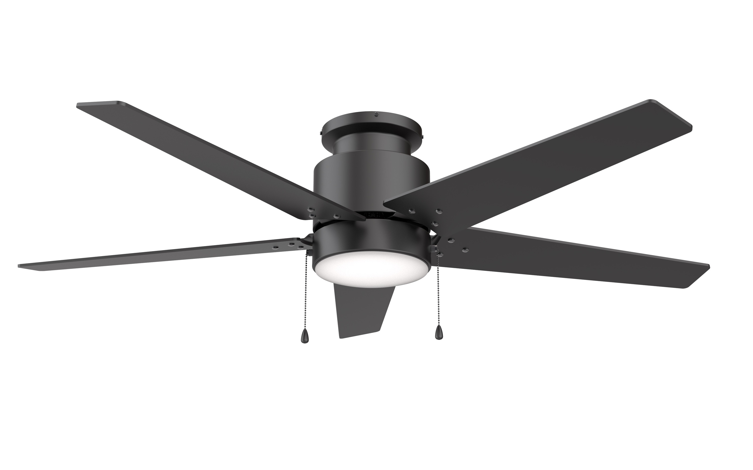 52 Inch Black Flush Mount 4 Blades Ceiling Fan With Light and Pull Chain, 120VAC, 22W LED, 3000K, Non Dimmable,3 Speeds, ETL